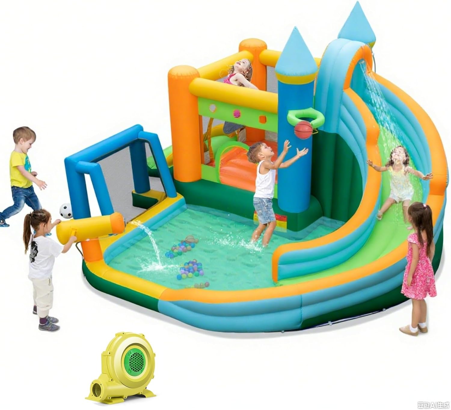 Kids Outdoor House With Slide - 9-in-1 대형 어린이용 에어바운스 워터슬라이드 -