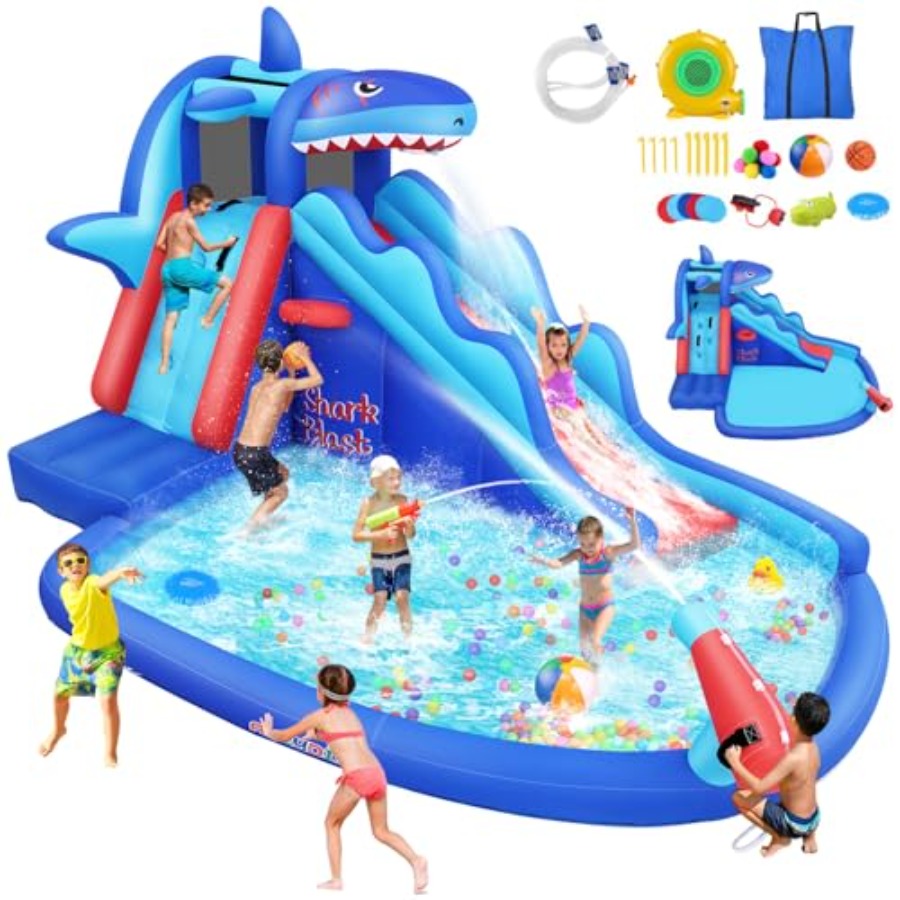 Kids Outdoor House With Slide - 야외/실내용 어린이용(3~12세) 상어 테마 파란색과 노란색