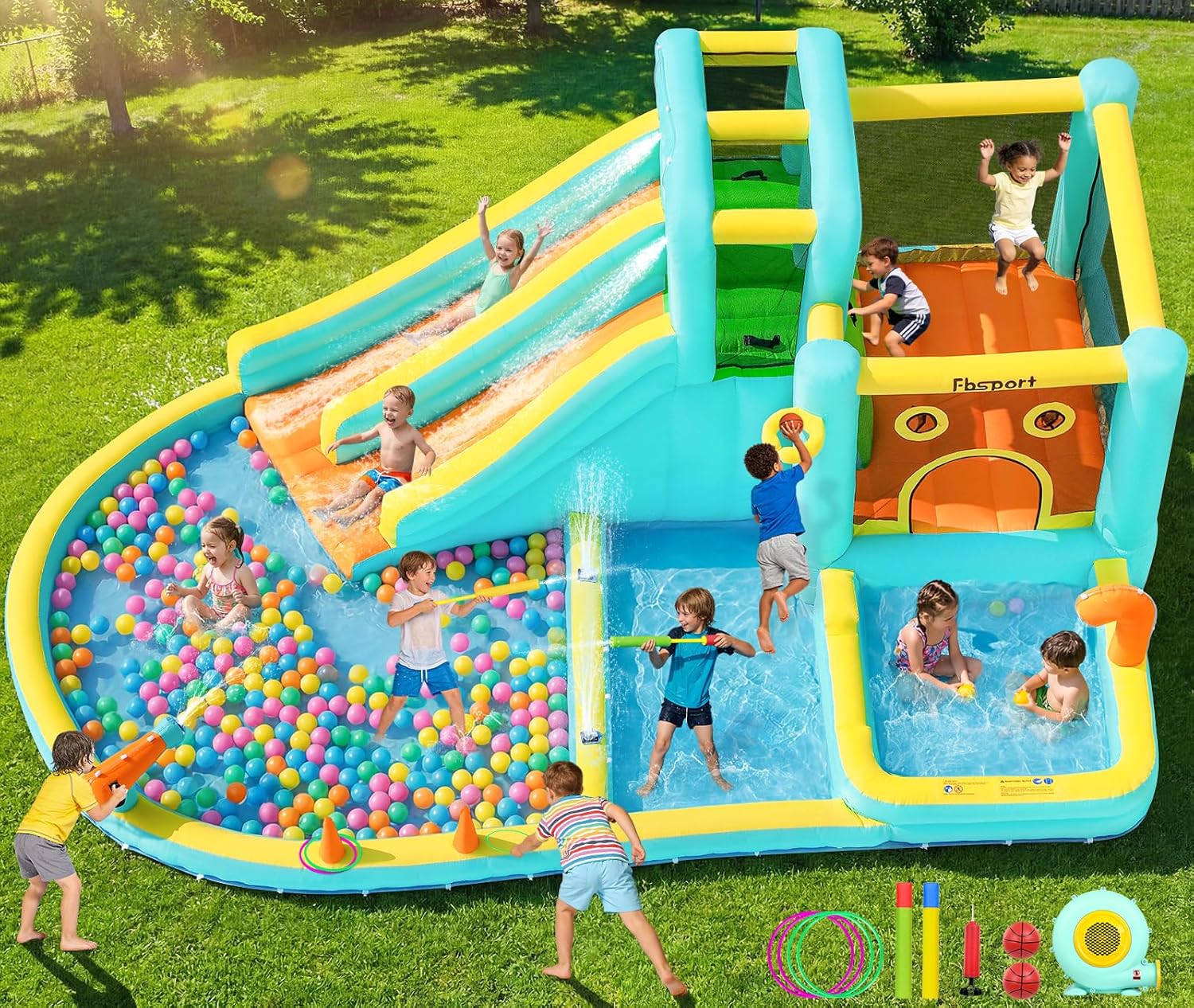 더블 슬라이드 에어바운스 워터파크, 물총과 송풍기 포함 - Kids Outdoor Fun 리뷰 및 가격